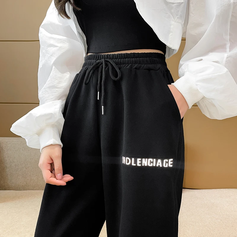 

Grey sweatpants for women spring/fall letter reflective slacks loose versatile pants bunched leg jogging Harlan pants