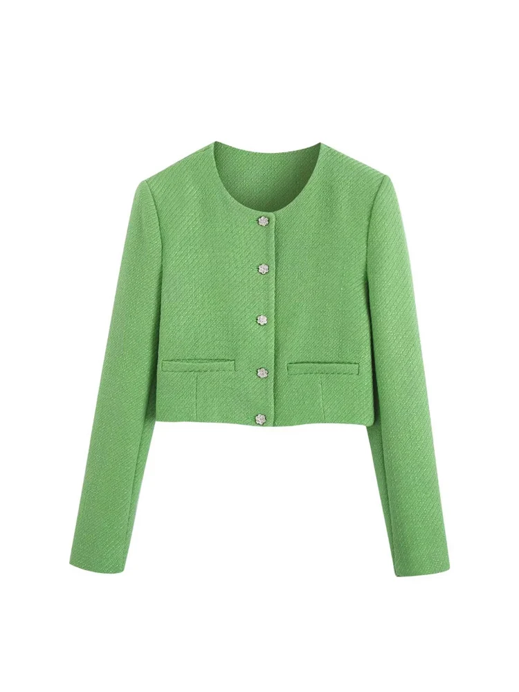 

2022 Summer Women Casual Jackets Coats Solid Veins O-Neck Single Breasted Female Fashion Street Short Jacket Outerwear