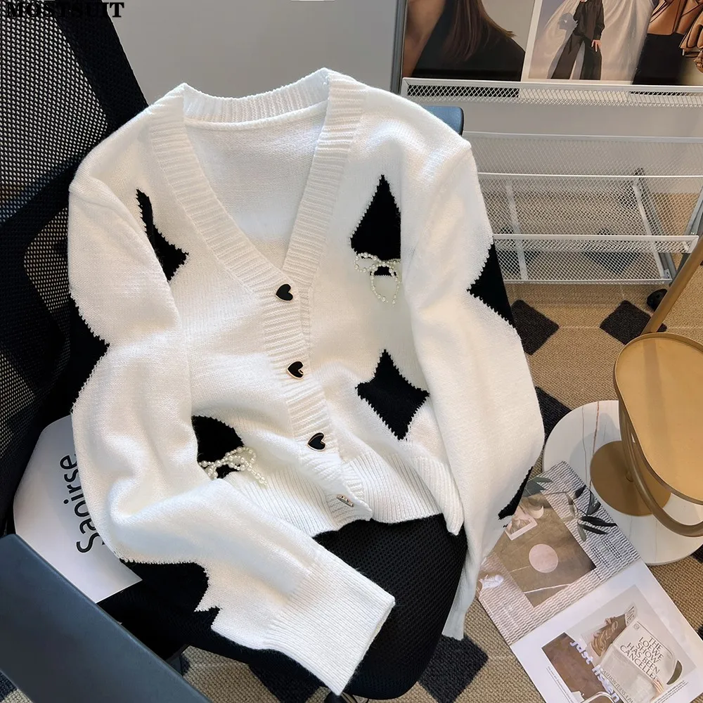 

Женский винтажный кардиган с бантом, элегантный белый свитер с жемчужинами и V-образным вырезом, свободные джемперы с длинным рукавом, весна 2023
