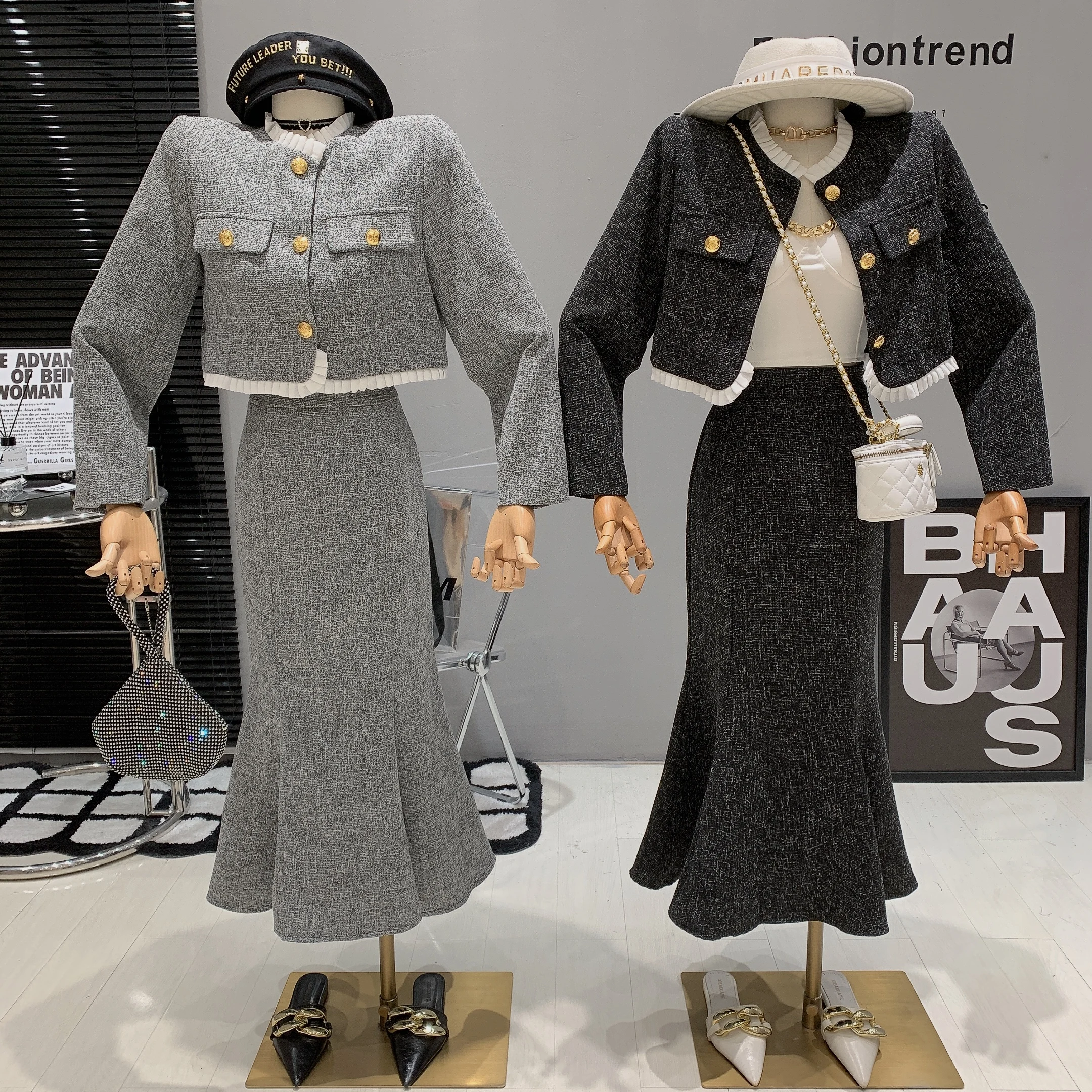 

Women's Elegant Two Pieces Skirt Suit Spring Autumn Long Sleeve Ruffle Collar Short Jacket + Mermaid Skirt Lady Vintage Suits