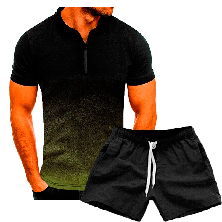 2023 summer new mens Gradient color short-sleeved T-shirt+shorts 2-piece suit lapel slim polo shirt Men's Sets Asian size