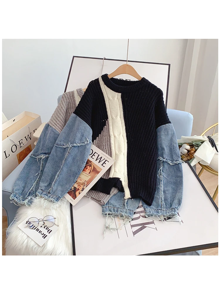 Джинсовый вязаный свитер с длинным рукавом Женская осенне-зимняя новая блузка
