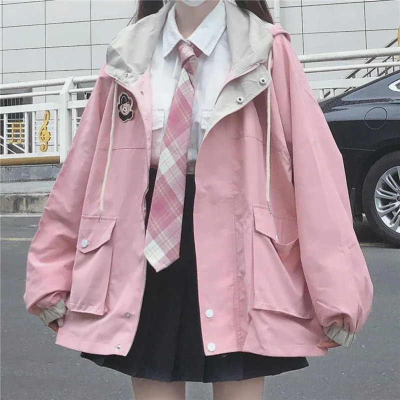 

Zipper pink woman jacket 2022 Korean Japanese kawaii color matching winter clothes Loose cute female tops coat manteau femme