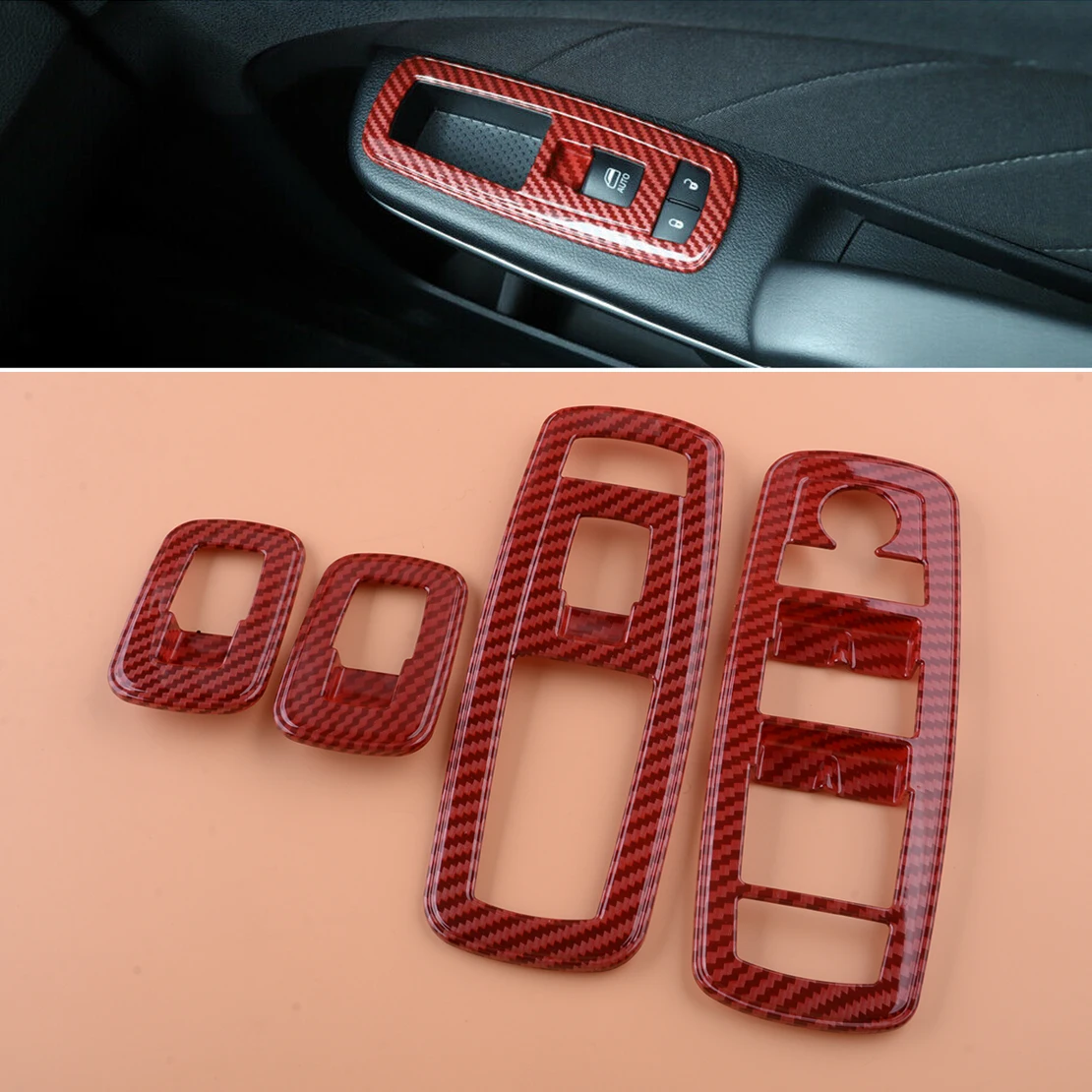 

4Pcs Red Window Lift Switch Panel Trim Cover Fit for Dodge Charger Durango Ram 1500 2011-2017 Left Hand Drive Carbon Fiber Style