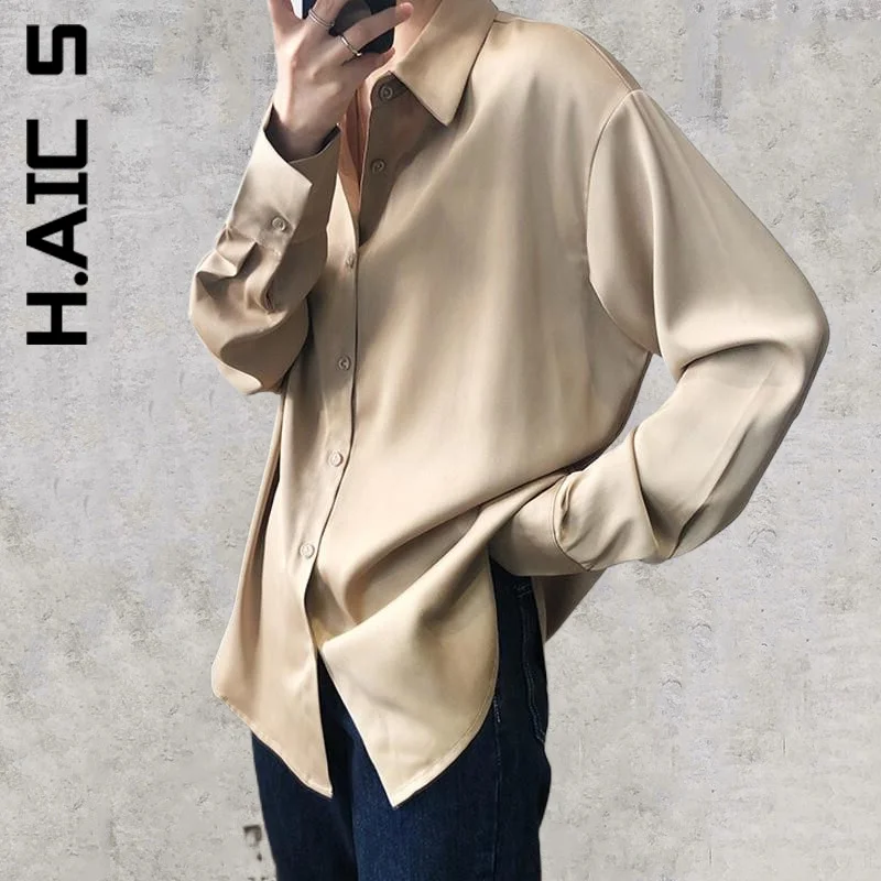 

H.Aic S Women Spring Summer Shirt Soft Simple Elegant Solid Turn Down Collar Workwear Style Friends Casual Blouses Female