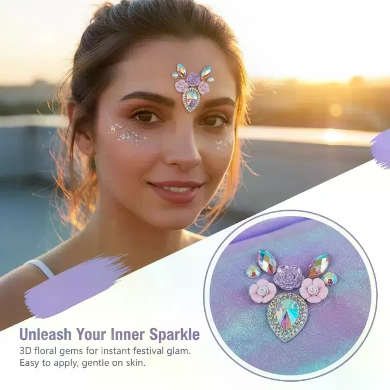Фото Наклейки для лица с 3D-стразами Rave Makeup, блестящие самоклеящиеся кристаллы, 1 лист для декора костюмов на EDM-фестиваль или вечеринку. №3
