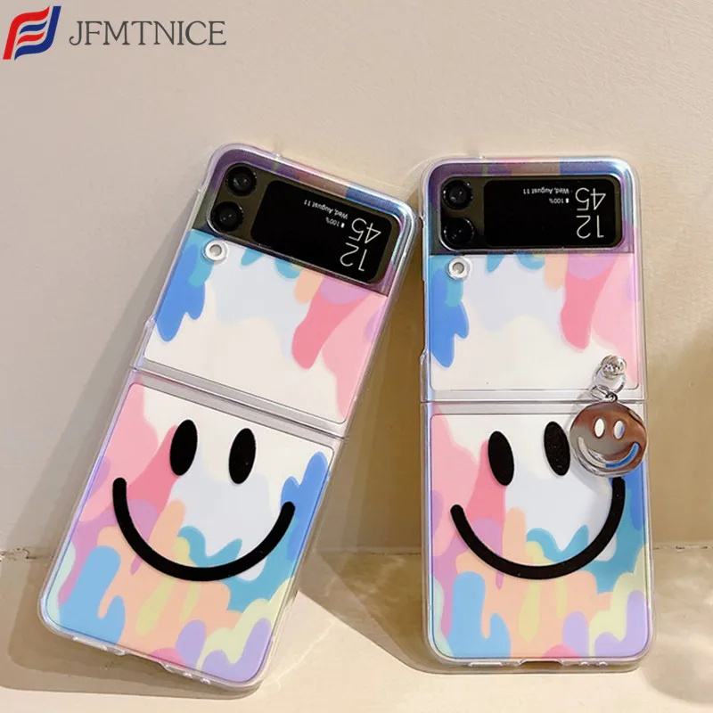 Милый мультяшный цветной чехол со смайликом и подвеской для телефона Samsung Galaxy Z, флип 3 дюйма с красивой подвеской, прозрачный мягкий противоударный чехол