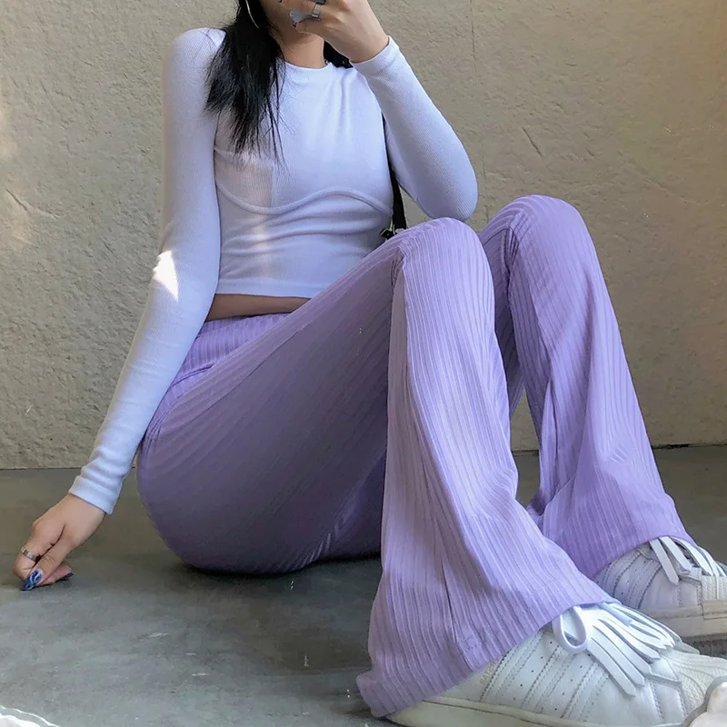 

Women Knitted Flare Pants High Waist Fashion Purple Ribbed Y2K Joggers Slim Aesthetic 90s Lady Trousers Vintage Sweatpants 24360
