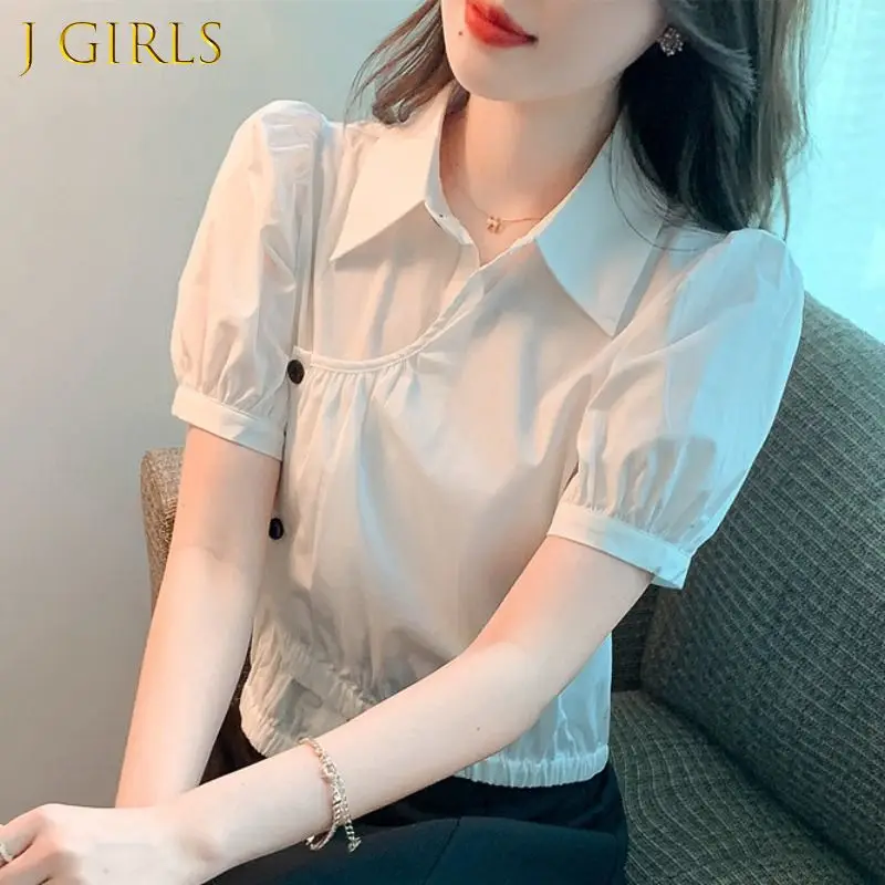 

J GIRLS Asymmetrical Ladies Blouses 2022 Beautiful Top White Chiffon Youth Cute Women's Buttoned Shirts Cool Puff Short Sleeve