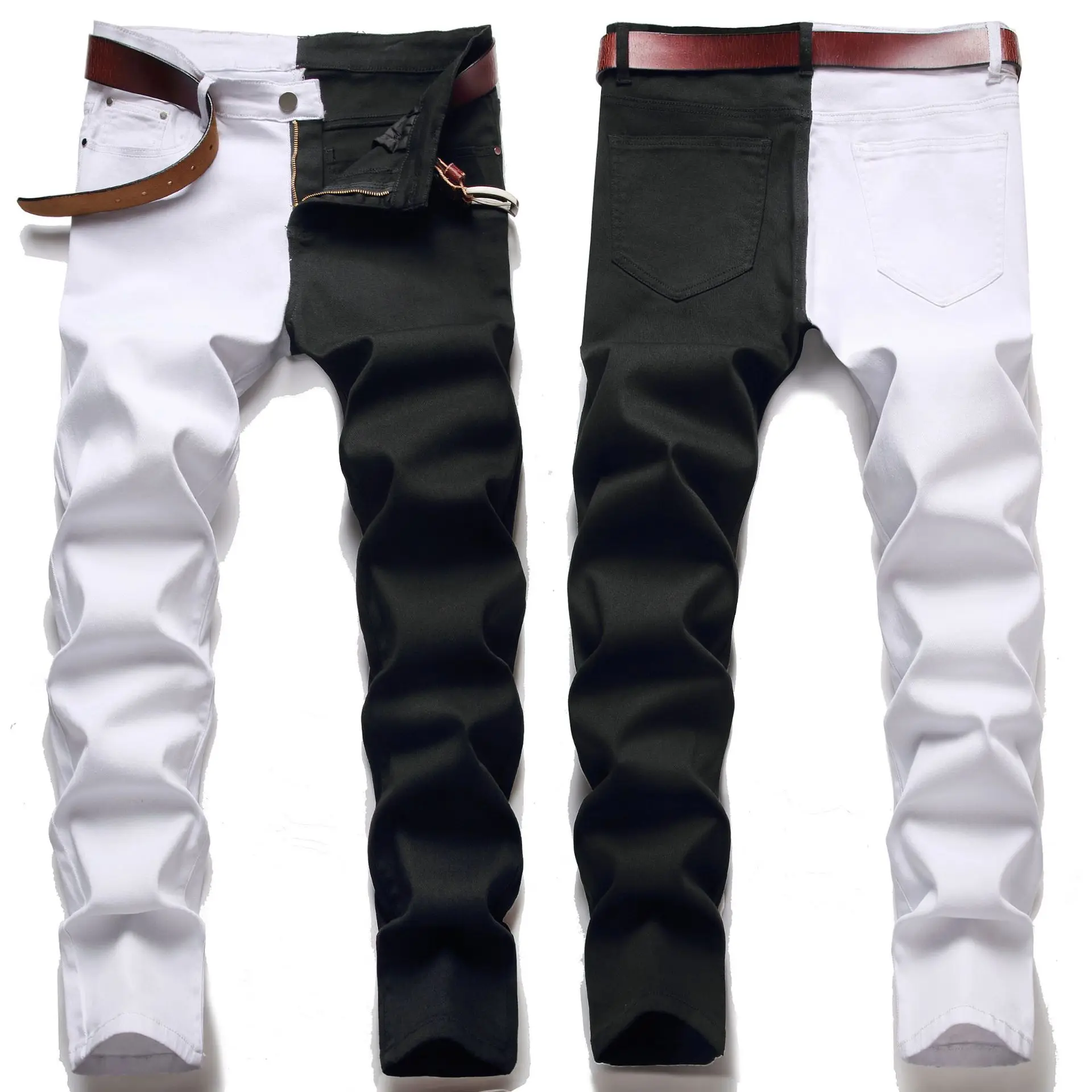 Patchwork Jeans Mens Contrast Color Straight Pants Mid Waist Splicing Denim Pants Trend Skinny Jeans Men Slim Pencil Pants