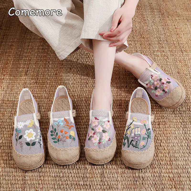 

Летние туфли Comemore на плоской подошве, этническая вышивка, китайская ткань, женская обувь, женские Повседневные Дышащие сетчатые лоферы, жен...