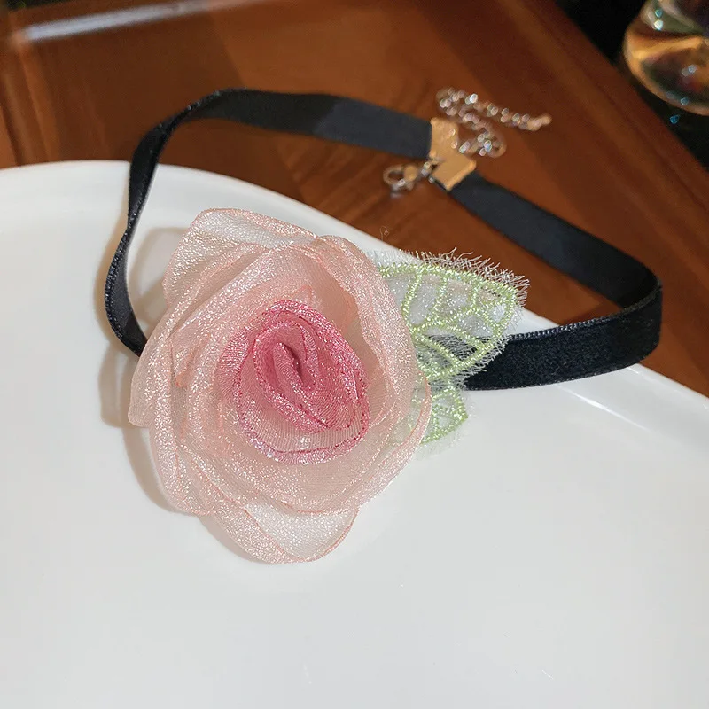 

Sweet Fabric Organza Rose Flower Choker Necklace Mori Style Short Necklace Necklace