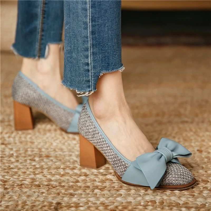 

Женские повседневные сандалии на среднем каблуке, серые сандалии в ретро-стиле на высоком каблуке, украшенные бантом, весна-осень 2022