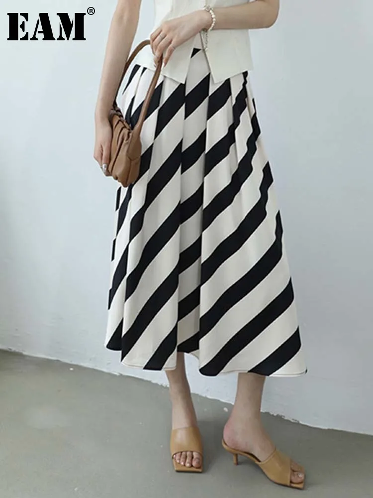 

[EAM] High Waist Black Striped Pattern Long Elegant A-line Half-body Skirt Women Fashion Tide New Spring Autumn 2022 1DE9239