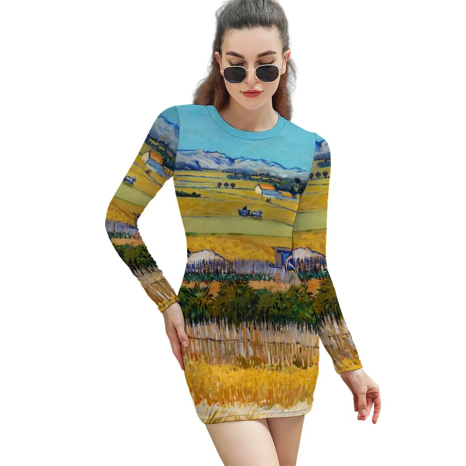 

Van Gogh Dress Ladies Harvest at La Crau Street Fashion Bodycon Dress Holiday Long Sleeve Night Club Dresses Oversized Vestido