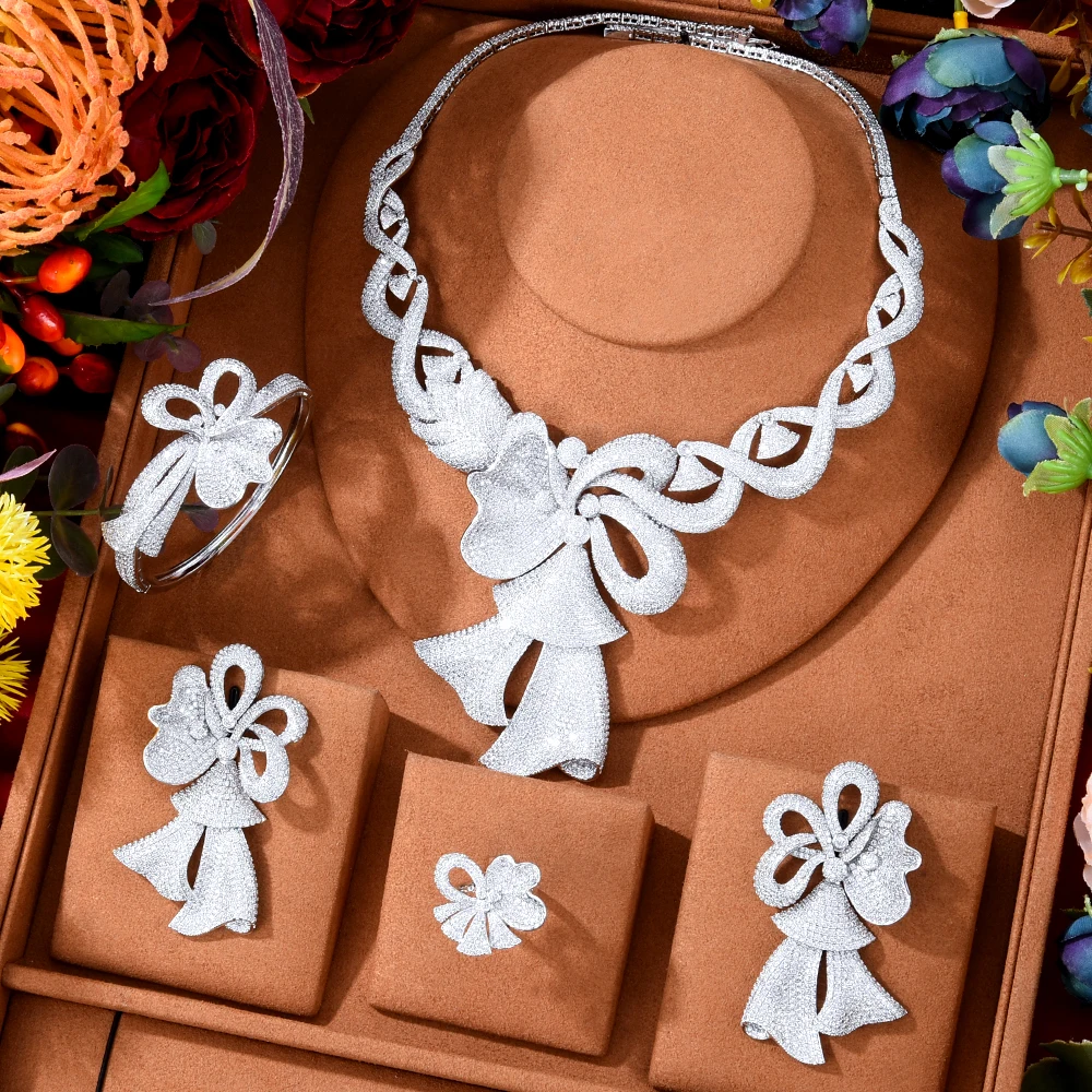 

Soramoore New Elegant Charms Bowknot 4PCS Necklace Bangle Earrings Ring Luxury Dubai Jewelry Sets For Women Wedding Bridal Set
