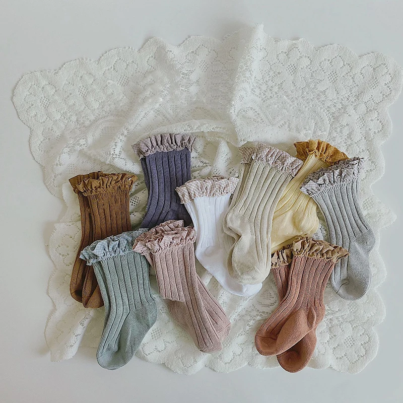 Детские носки ярких цветов с кружевом хлопковые принцессы для девочек мягкие
