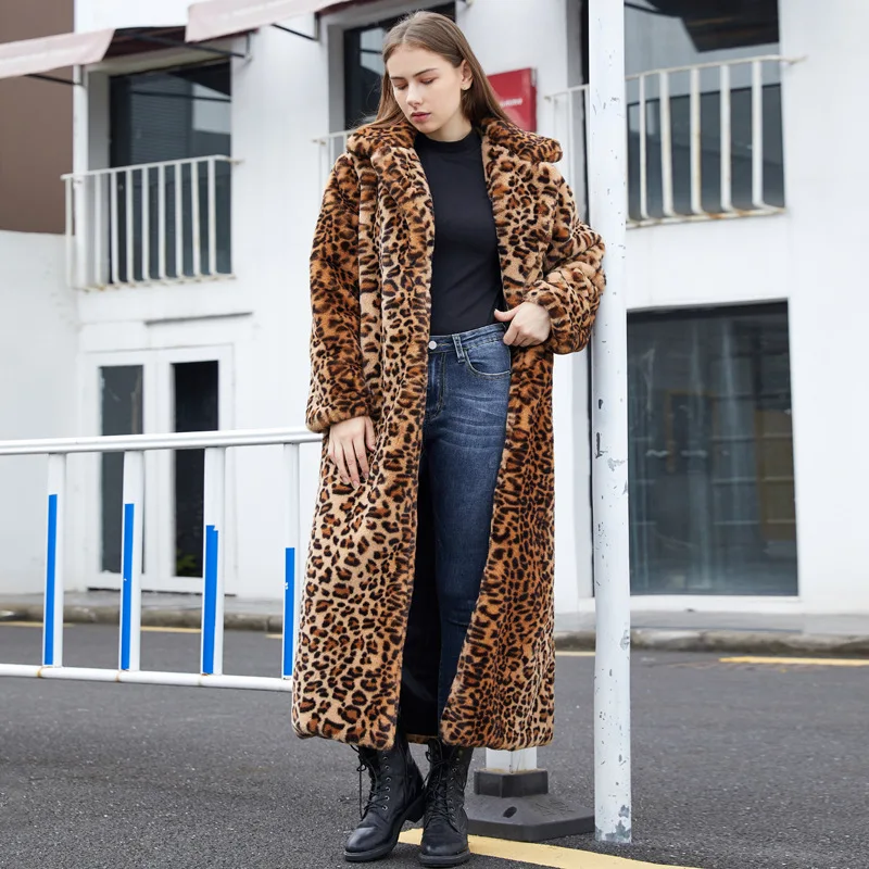 Women's imitation fur leopard rabbit hair super long suit collar fur coat