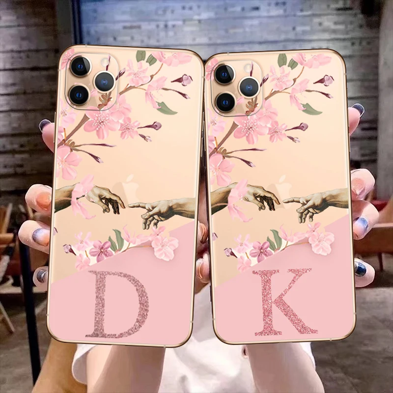 

Fashion Letters flowers hand art Phone Cover For iPhone 11 12 13 14 Pro Max X XR XS Max 8 14Plus 13Mini Clear Soft Silicone Case