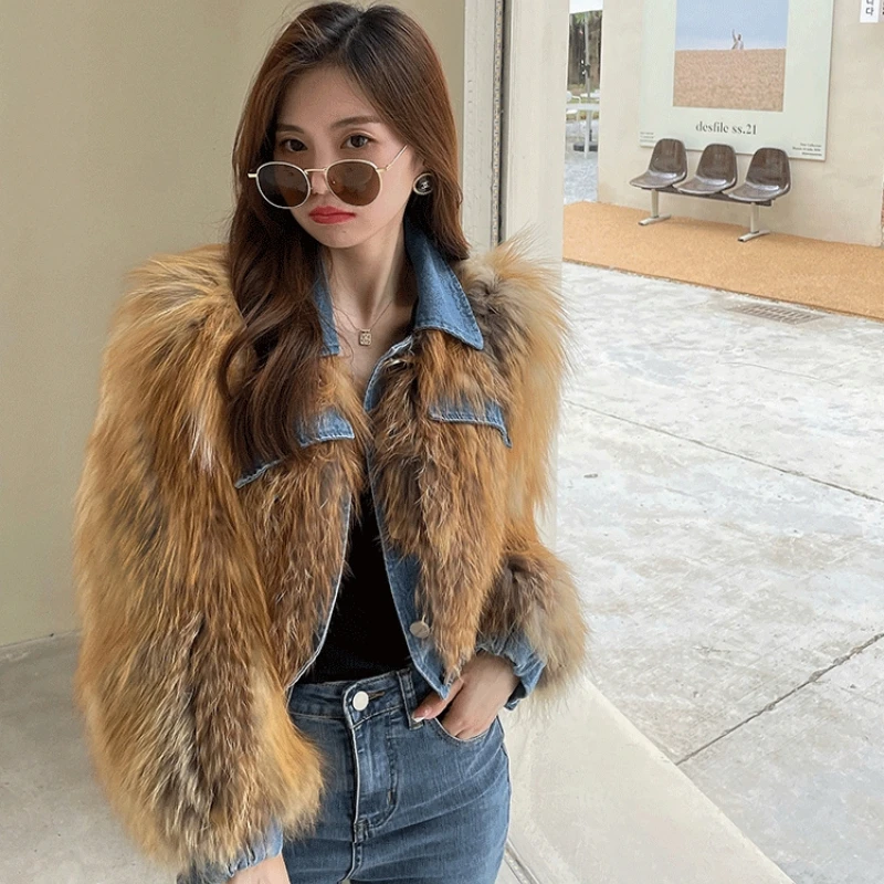 Hot Sales High-End Women's Autumn And Winter Import Real Raccoon Fur Jacket with Jeans Collar Coat Short Style Knitted Overcoat