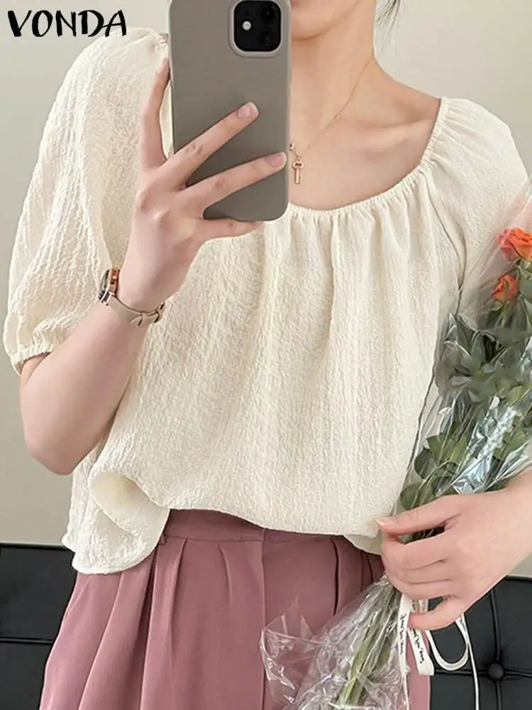 

Women Shirts VONDA 2022 Elegant Shirts Lady Sexy Short Sleeve Crew Neck Pleated Tops Casual Solid Color Blouse Blusas Femininas