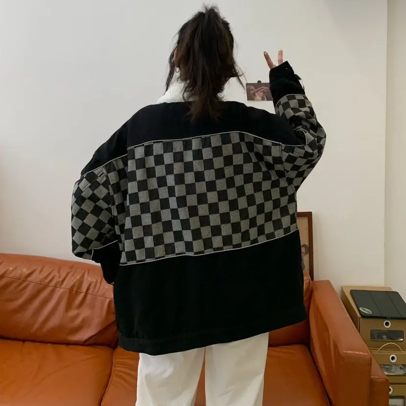 Fashion Trend Korean Version Coat Plus Velvet Thick Thick Warm Autumn and Winter New Style Lazy Wind Loose Simple Cotton Coat
