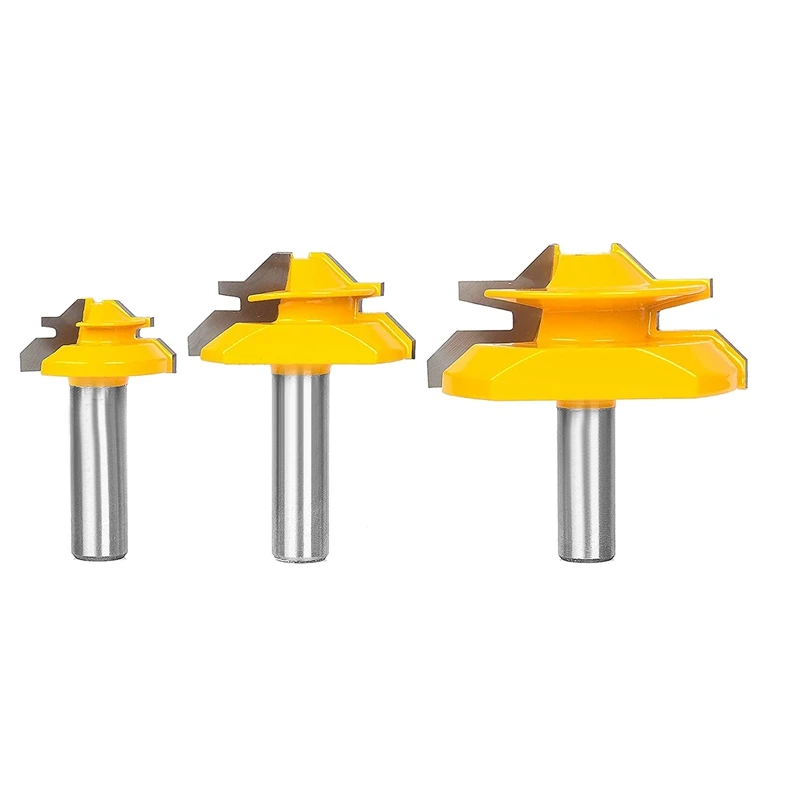 

45 Degree Lock Miter Router Bit 3-Piece Set, For 1/2 Inch, 3/4 Inch, 1 Inch Cutting Height, 1/2 Inch Shank
