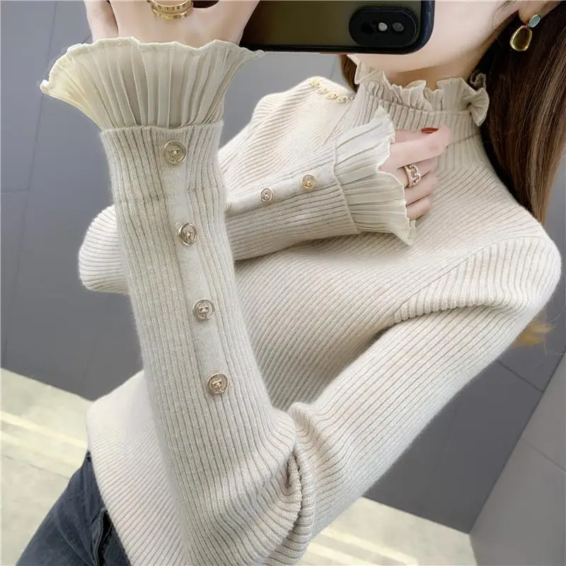 

Pullover Sweater 2023 Splice Lace Sleeve Knit Shirt Half High Neck Sliod Underlay Women Long Sleeve Pullover Sweater Female Top