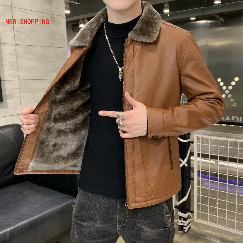

Vintage Jackets Men Winter New Casual Motor Spliced Fleece Leather Jacket Male Autumn Thicken Warm PU Parkas Faux Fur Coat Short