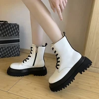 new white soft pu leather ankle boots womens thick soled motorcycle womens autumn and winter shoes womens gothic ankle boots