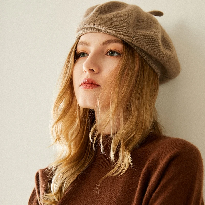 100% Pure Cashmere Knitted Beret Women's Fashion Retro Pumpkin Hat Warm Cashmere Hat Wool Hat New Style