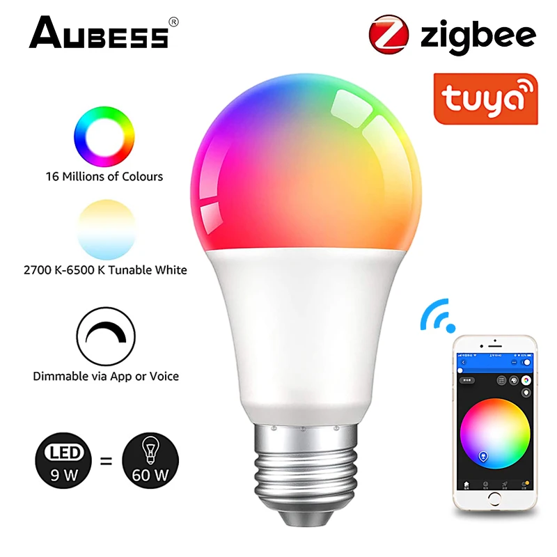 

Умная лампа Aubess Zigbee3.0 с цоколем Е27, 110 В, 220 В, 9 Вт