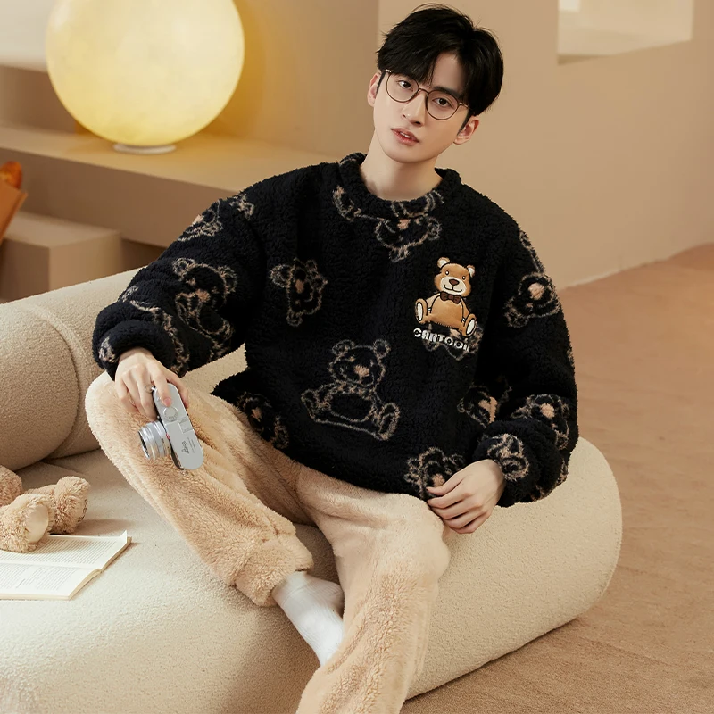 QUHENG 5XL Large Size Flannel Man's Collar Pajamas Set  Winter Warm Home Clothes Coral Fleece Sleepwear Thick Warm Nightwear