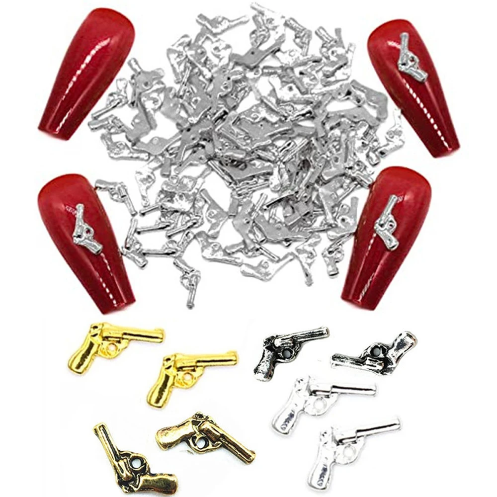 

20Pcs/Lot 3D Alloy Pistol Gun Nail Art Charms Retro Gold/Silver/Black 7*10mm Gun Shape Jewelry Nail Parts Manicure Decoration ^