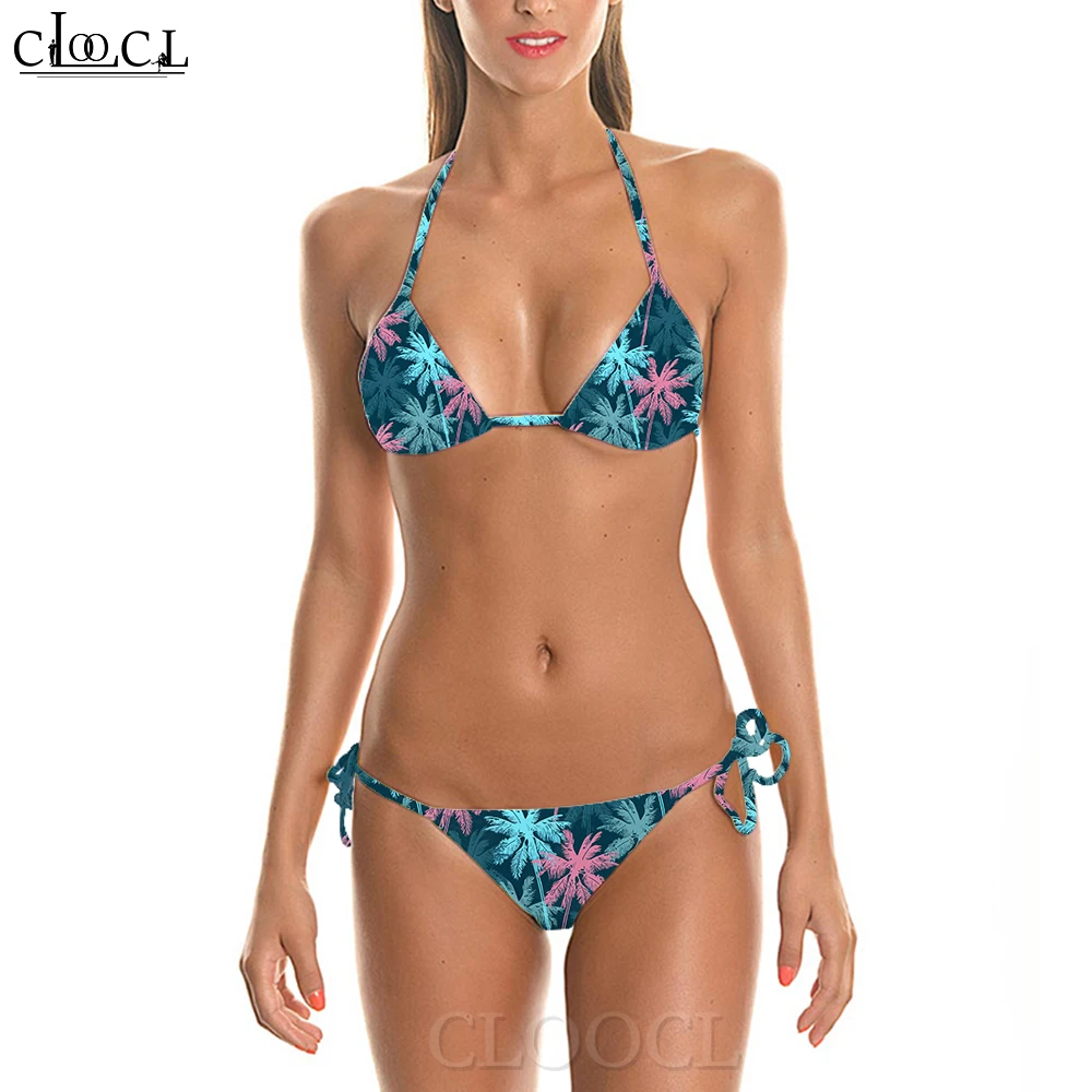 

CLOOCL Bikinis Set Tight Swimsuit Coconut Tree Pattern Print Monokini Low Waist Swimsuit Bathing Suit Sexy Bikinis