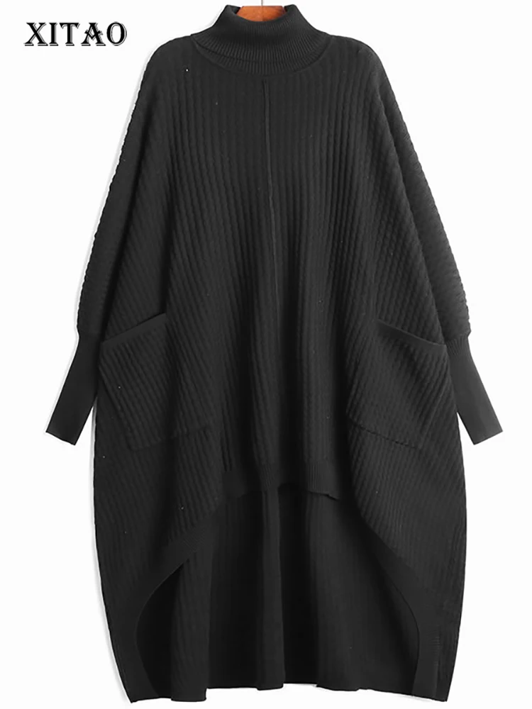 

XITAO Irregular Turtleneck Knitting Dress Solid Color Loose Fashion Bat Sleeve Women Casual Temperament Sweater Dress WMD3883