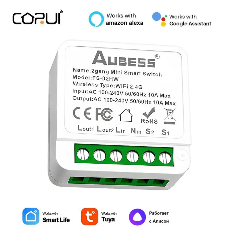 

CORUI Tuya WiFi Mini Smart Switch DIY Breaker Switch 2 Gang Supports 2 Way Control For Smart Life Alexa Google Home Alice