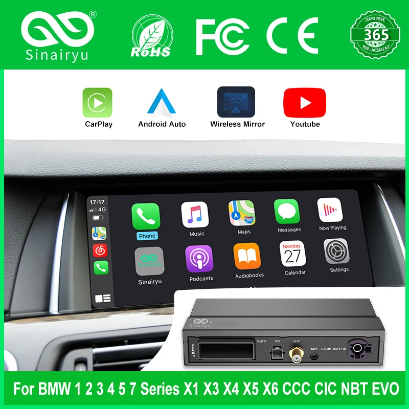 Sinairyu Carplay интерфейс для BMW E90 F30 F20 X5 E70 X3 X1 Coupe EVO CCC CIC NBT беспроводной Apple Carplay Android автозеркальное отображение