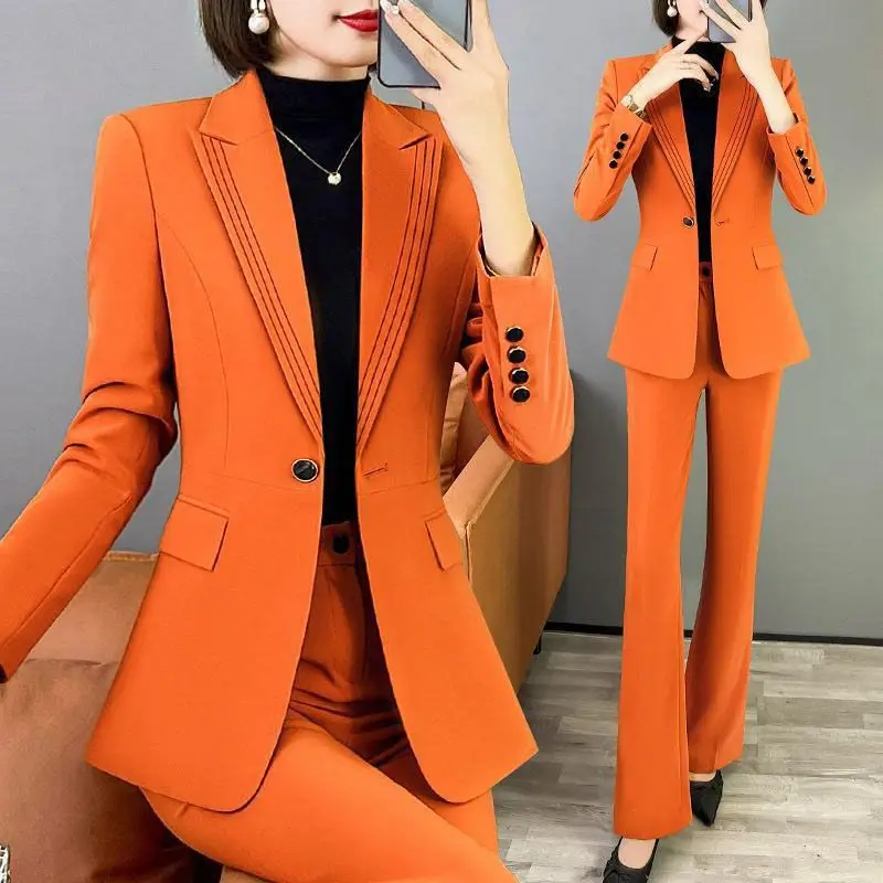 

Women Solid Elegant Blazer Single Button and High Waist Pants Suit Female Formal Office Suits Work Elegant Two Piece Suits G612