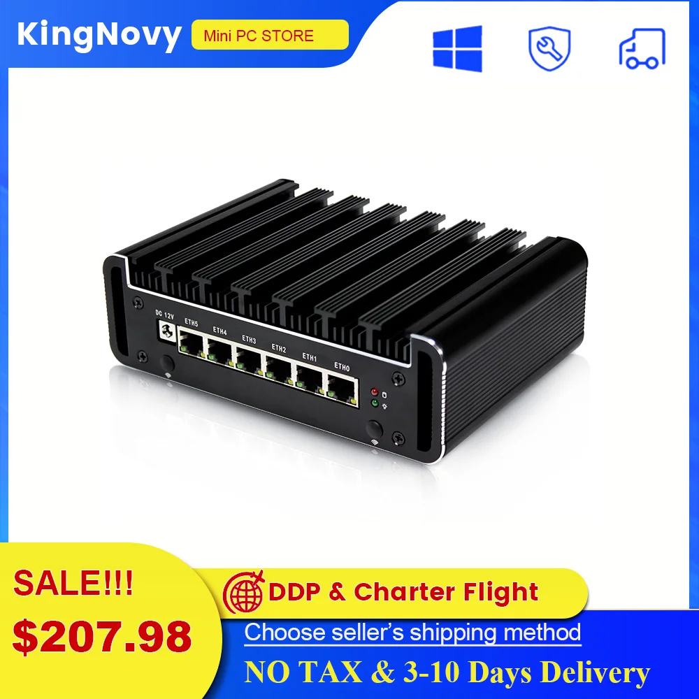 

Firewall Router 6LAN Mini PC Intel i5 8250U Quad Core 6 Intel i211AT Nic, AES-NI, RJ45 COM, pfSense Fanless Linux Server