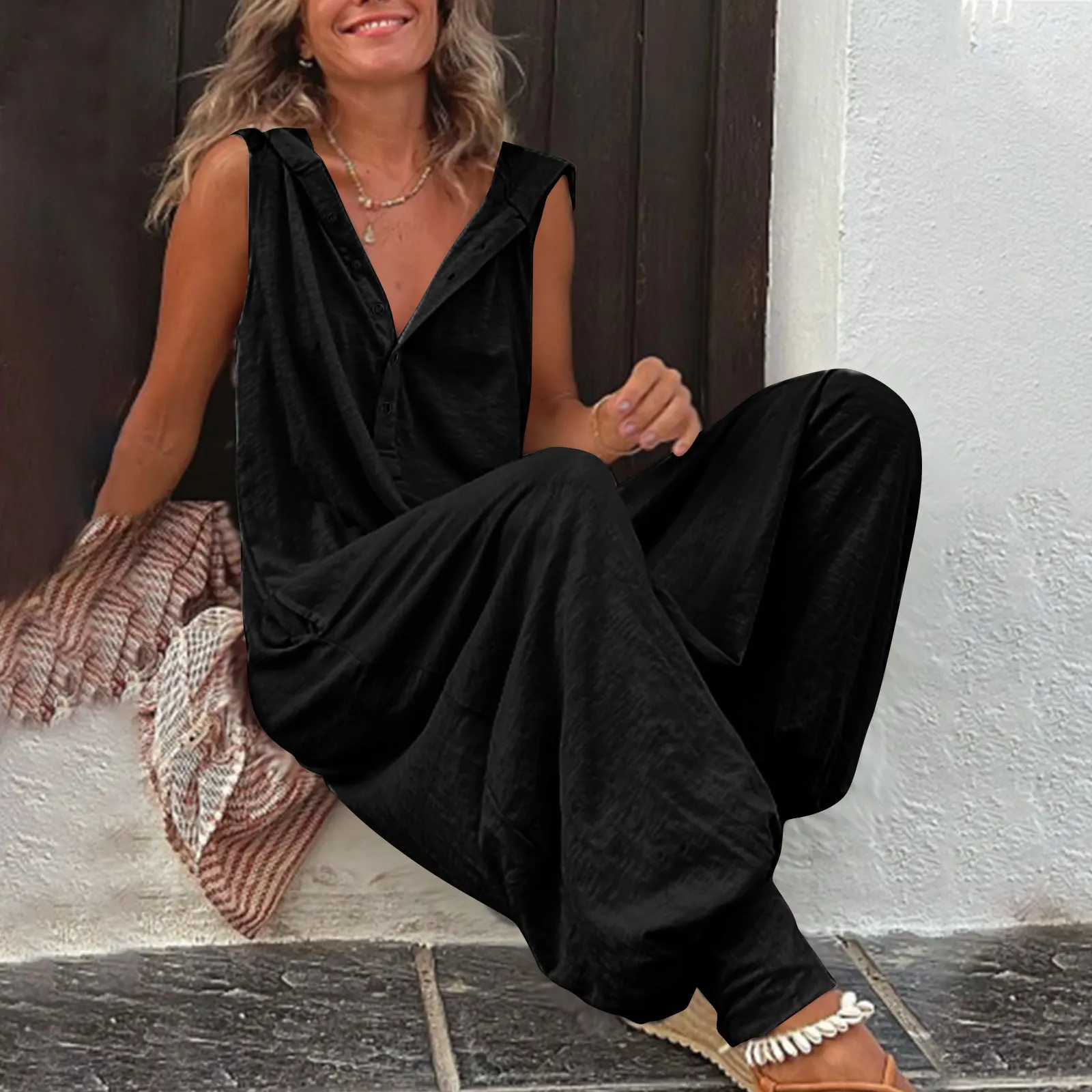 Causal Beach Cross-pants Playsuit Fashion Loose Solid Sleeveless Hooded Romper Streetwear Vintage Button Jumpsuit Summer Women