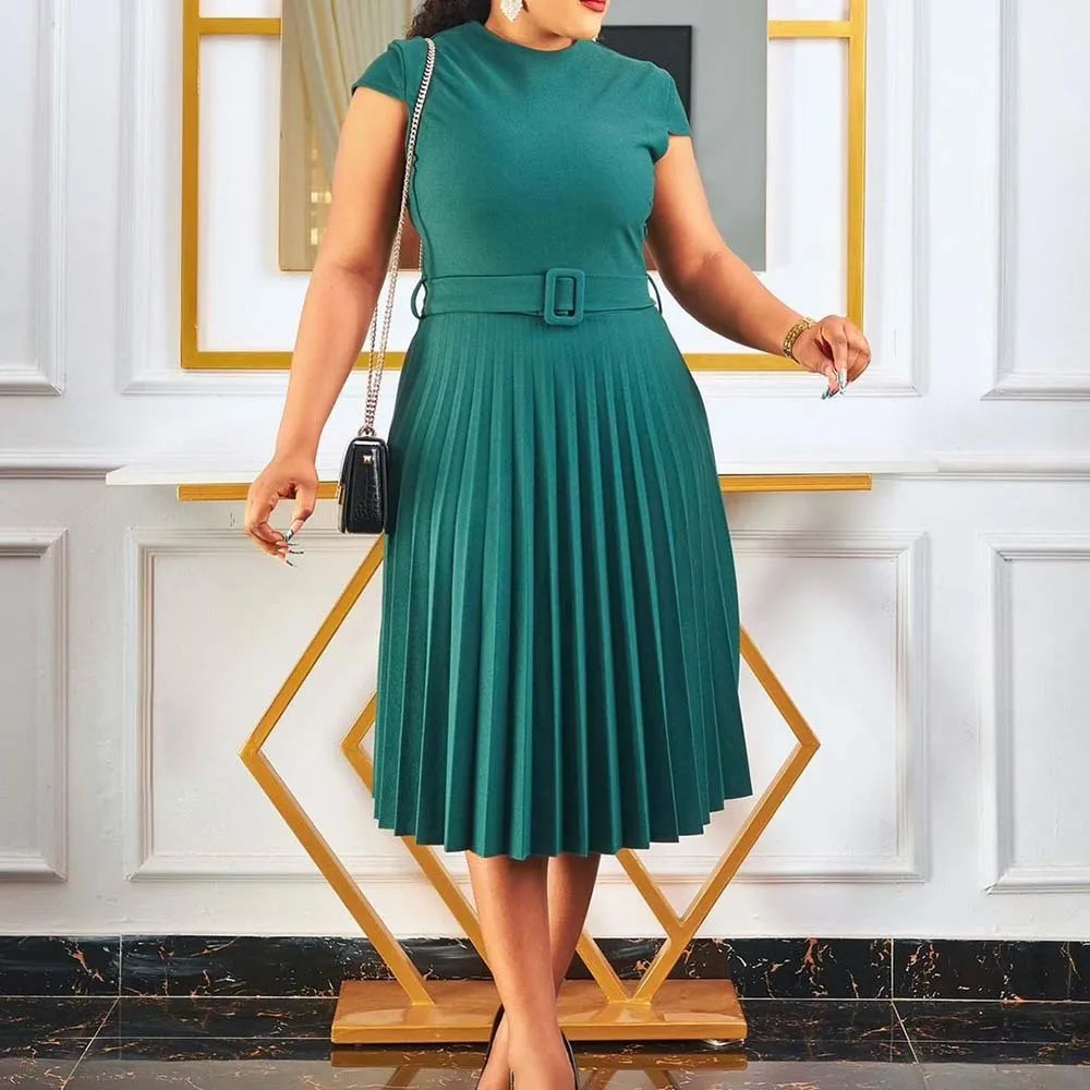 

Summer Belt Draped Dresses Women O Neck Short Sleeve Pleated Vestido Women's Fashion Maxi Plain Party Evening Dress Female
