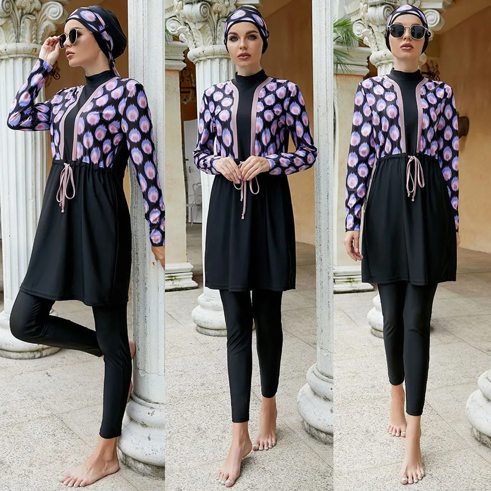

Fashion Printing Sunscreen Swimsuit Three-piece Conservative Covering Swimsuit Ladies Muslim Clothing Beach Burkinis With Scarf