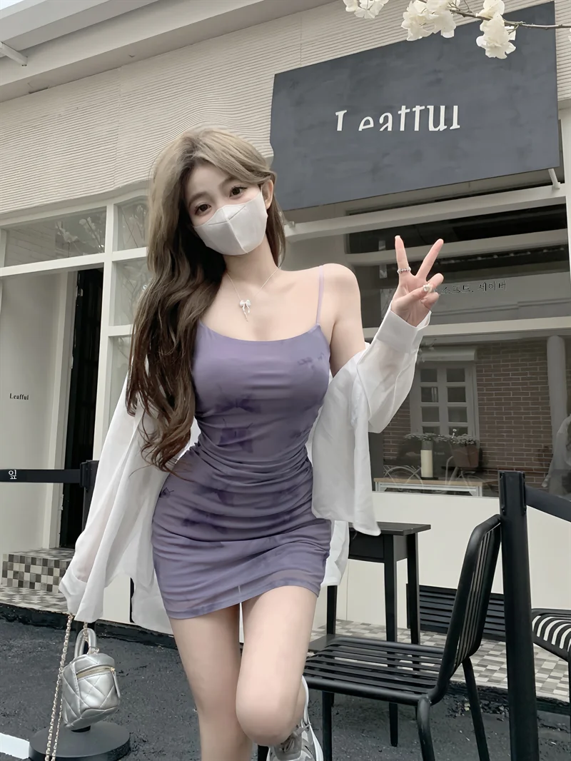 Женское Сетчатое платье на бретельках фиолетовое летнее сексуальное