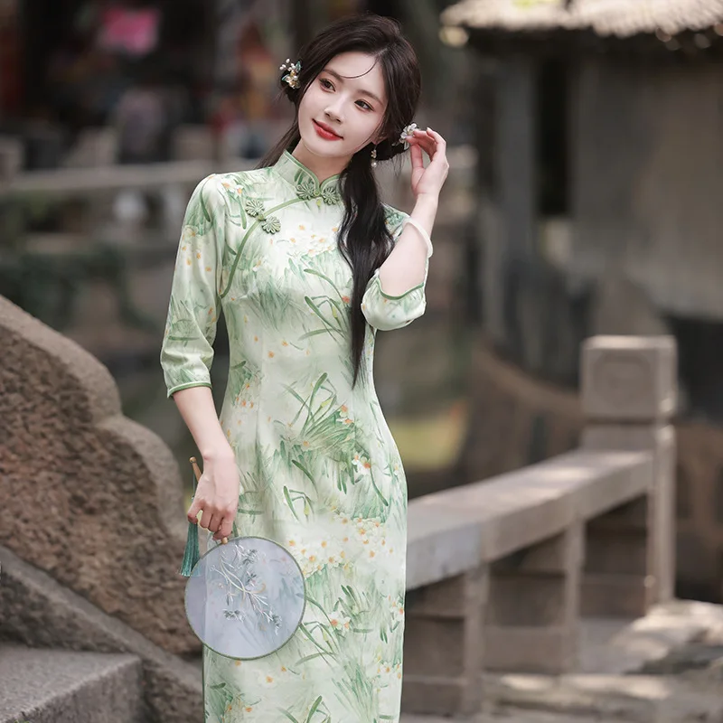 

Женское Замшевое платье-Ципао Yourqipao, зеленое длинное вечернее платье в китайском стиле с рукавом три четверти, осень 2023