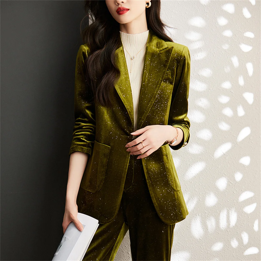 Velvet Women Pant Sets 2023 New in Casual Blazer Jacket with Trouser Suit Elegant Office Lady Business Formal 2 Piece Set