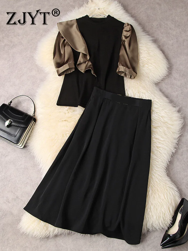 

ZJYT Panelled Ruffles Top Skirt Sets Summer Outfit Women Elegant Casual Party 2 Pieces Dress Suits Puff Sleeve T Shirt Twinset