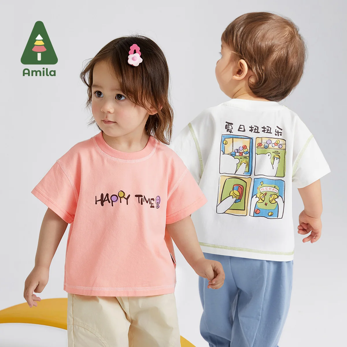

Amila Baby T-shirt Summer 2023 New Cute Cartoon Print Chinese Style Color Line Skin Casual Top Children Boys Girls Clothes 0-6Y
