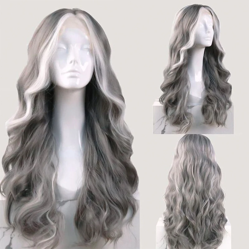 

Gray Synthetic Lace Wigs Soft Long Wavy Lace Front Wig Grey Wigs Heat Resistant Natural Hairline Highlight for Women Cosplay Wig