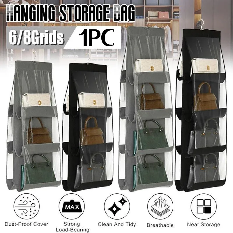 

6/8Grids Foldable Hanging Storage Bag Double Side Transparent Pocket Organizer Home Supplies Closet Handbag Storage Organizer